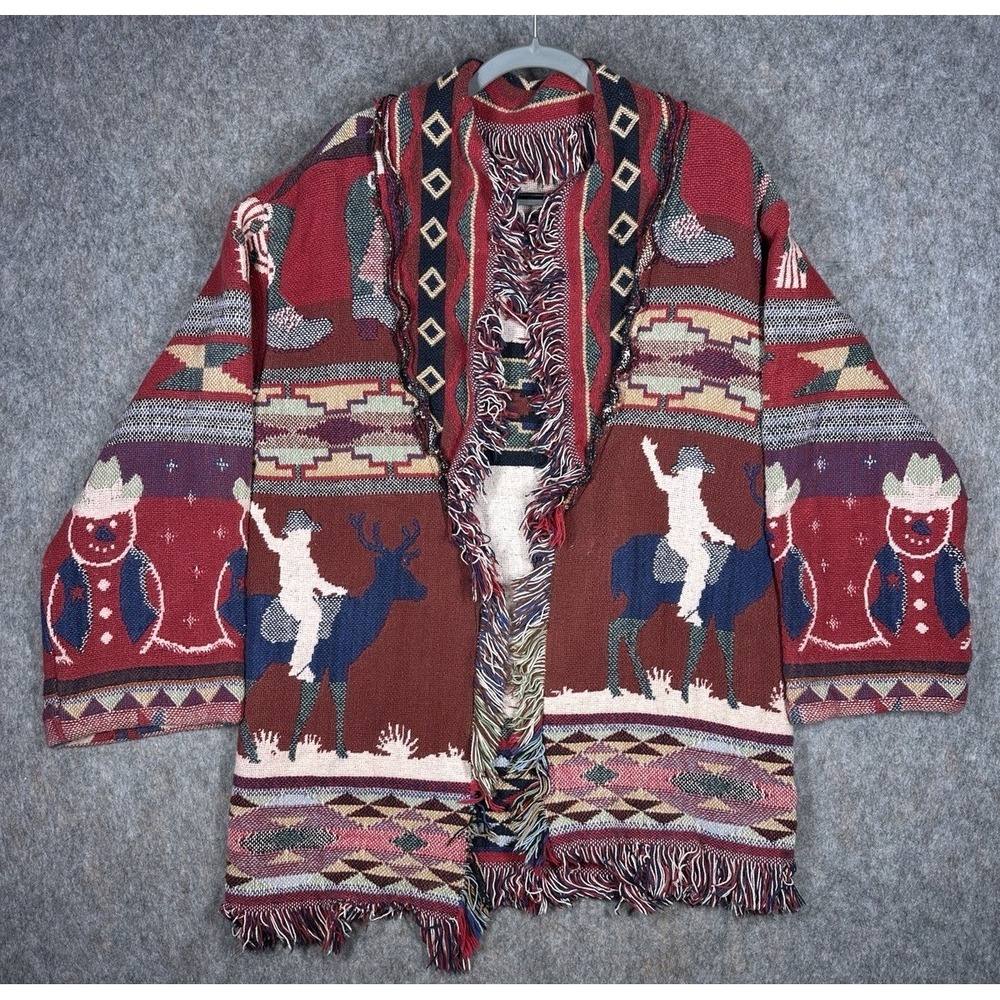 Vintage Western Tapestry Blanket Jacket Cowboy Fringe Ranch Wear Men's M/L